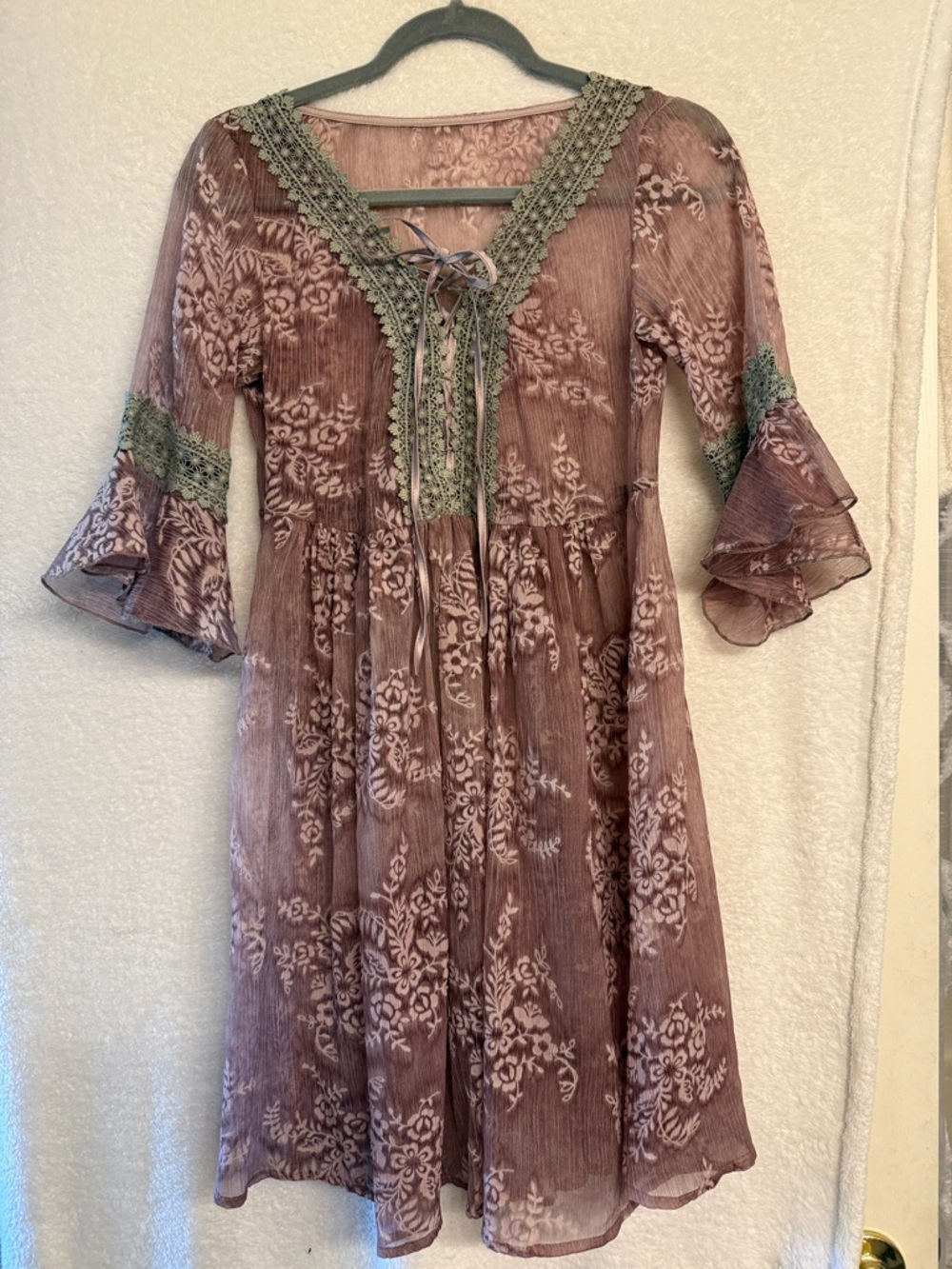 Dusty Rose Floral Mini Dress with Lace trim, bell sleeves and lace up front